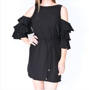 REVOLVE AMANDA UPRICHARD BLACK SILK COLD SHOULDER RUFFLE SLEEVE BELTED DRESS